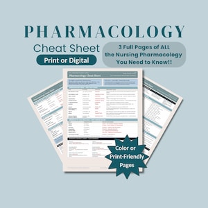 May include: A pharmacology cheat sheet document featuring three pages of nursing study notes. The text includes PHARMACOLOGY, Cheat Sheet, Print or Digital, 3 Full Pages of ALL the Nursing Pharmacology You Need to Know!!, and Color or Print-Friendly Pages.