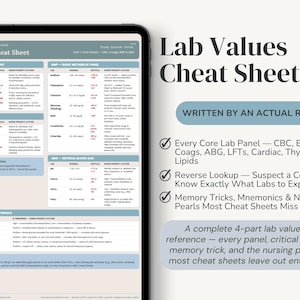 Op de afbeelding: Een digitale tablet toont een Lab Values Cheat Sheet voor verpleegkundestudenten, met tabellen voor CBC, BMP, stolling en ABG. De tekst ernaast benadrukt functies zoals geheugensteuntjes en ezelsbruggetjes voor medische gegevens.