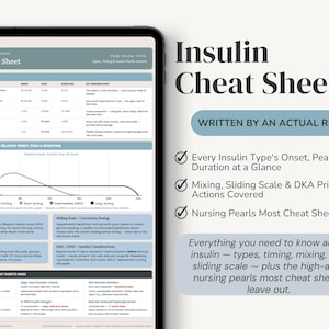 May include: A digital tablet displaying an Insulin Cheat Sheet with tables detailing insulin types, onset, peak, and duration. It includes a line graph of insulin action profiles, mixing rules, sliding scale dosing, and nursing pearls in blue and white.