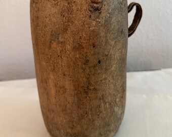 Vintage Primitive Hand-Carved Wooden Pitcher | Leather Handle | Old Staple Repair | Rustic Folk Art Vessel