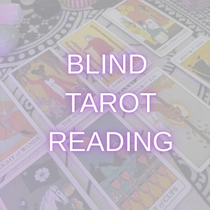 May include: A collection of tarot cards spread out on a surface, including the Three of Pentacles, Five of Wands, Three of Wands, Ace of Wands, The Magician, Knight of Wands, and Eight of Cups, with text reading BLIND TAROT READING HONEST & STRAIGHTFORWARD.