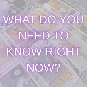 May include: A collection of tarot cards spread out, including The Magician, Three of Wands, and Eight of Cups. The text overlay reads WHAT DO YOU NEED TO KNOW RIGHT NOW? and HONEST & STRAIGHTFORWARD in a light purple font color.