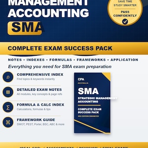 Op de afbeelding: Een blauw en goudkleurig CPA Australia Strategic Management Accounting studieboek en examenpakket. Het document bevat tekst zoals 3rd Edition Enhanced, Comprehensive Index, Detailed Exam Notes, Formula & Calc Index en Framework Guide.