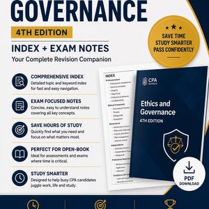Op de afbeelding: Een donkerblauw en wit educatief document getiteld CPA Study Notes & Index Ethics & Governance 4th Edition. Het bevat een lijst met studievoordelen, een indexvoorbeeld en een PDF-downloadpictogram voor CPA Australia-kandidaten.