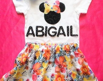 Minnie Mouse Luau Birthday outfit Hula Hawaiian pool Party dress up Skirt shirt headband bow Personalized name 9 12 18 24 2t 3 4 5 toddler