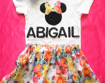 Minnie Mouse Luau Birthday outfit Hula Hawaiian pool Party dress up Skirt shirt headband bow Personalized name 9 12 18 24 2t 3 4 5 toddler