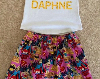 Super Hero Spiderman Wonder Woman outfit baby girl skirt Dress up Set with name age matching mask and bow