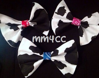 cow print bow barnyard Farm Blue Pink Red western cowboy cowgirl County Fair baby hair barrette headband photo prop