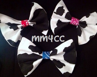 cow print bow barnyard Farm Blue Pink Red western cowboy cowgirl County Fair baby hair barrette headband photo prop