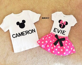 Minnie Mouse outfit Dress first Birthday Mickey twins brother boy Bodysuit Disney Girl dress up pink Personalized 3 6 9 12 18 24 m 3T 4T 5T