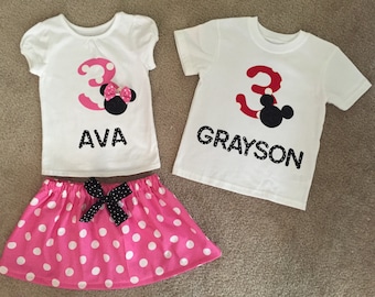 Minnie Mouse outfit Dress first Birthday Mickey twins brother boy Bodysuit Disney Girl dress up pink Personalized 3 6 9 12 18 24 m 3T 4T 5T