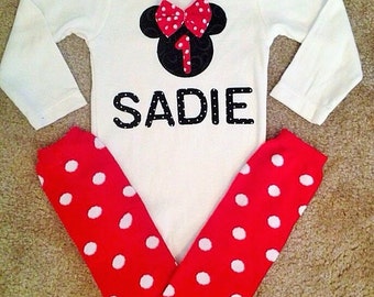 Minnie Mouse outfit first Birthday Party Red shirt top leg-warmers cake smash Disney Mickey baby Girl Personalized NB 3 6 9 12 18 24 month