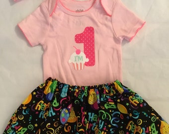 First Birthday outfit bodysuit baby girl cupcake 1st Party applique Skirt pink blue set Size 12 18 months Rainbow candyland READY to Ship