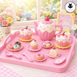 Puede incluir: Un juego de té de juguete de plástico rosa sobre una bandeja a juego, que incluye una tetera, dos tazas con platillos, una cuchara, un tenedor y varios alimentos de juguete en miniatura, como rosquillas, un cupcake, macarons y un trozo de pastel.