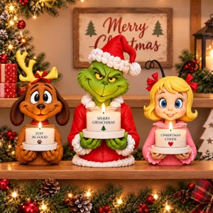 May include: Three decorative figurines featuring a brown dog with antlers, a green character in a Santa suit, and a blonde girl with antennae. Each holds a white candle with text: "JUST BE GOOD", "MERRY GRINCHMAS" with a tree, and "CHRISTMAS CHEER" with a heart.