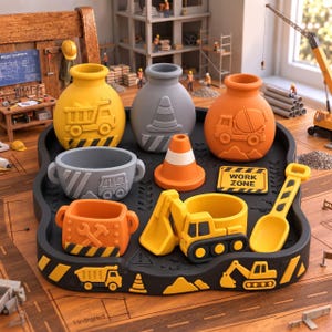 Könnte beinhalten: Ein Schreibtisch-Organizer-Set im Baustellen-Design mit einem schwarzen Tablett mit gelben Warnstreifen, drei runden Behältern mit LKW- und Kegelmotiven, einem kleinen orangefarbenen Pylon, einer gelben Schaufel und einem Work Zone Schild.