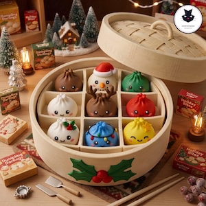 May include: A round wooden bamboo steamer basket containing nine colourful, character-themed dumplings with smiling faces. The steamer features a holly leaf and berry decoration on the front and includes a matching lid. The dumplings are arranged in a grid, showcasing various holiday-inspired designs including a snowman, a reindeer, and festive colours.