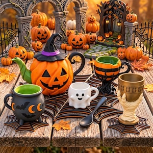 Puede incluir: Un juego de té con temática de Halloween que incluye una tetera con forma de calabaza con tapa de sombrero de bruja, una taza de caldero negro con motivos de murciélagos y lunas, una taza de fantasma blanco, una copa a rayas naranja y negra, una copa de mano de momia y una cuchara negra.