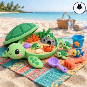 Op de afbeelding: Een groene schildpad-vormige zandbak met een afneembaar schilddeksel, gevuld met zand en miniatuur zeedieren zoals schildpadden, een krab en koraal. Inclusief een blauwe emmer, een paarse schep en een oranje harkje.