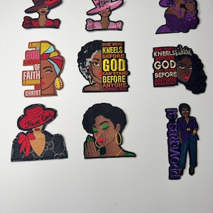 May include: A collection of nine embroidered patches featuring diverse illustrations of individuals, religious text including 'Woman of God', 'She who kneels before God can stand before anyone', and 'Proverbs 31', with vibrant colors and detailed stitching.