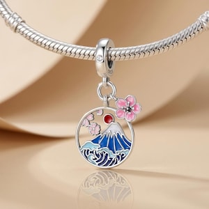 Mount Fuji Charm, Japanese Sakura Flower Dangle Charm, Ocean Wave Travel Bead, Japan Gift for Charm Bracelet, 925 Sterling Silver