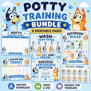 May include: A potty training bundle featuring 8 printable pages with blue and orange cartoon dogs. The set includes a reward chart, hand washing guide, bathroom rules, a success certificate, and reward tokens with text in English.