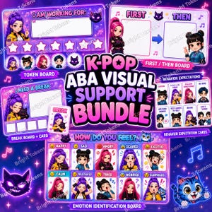 Puede incluir: Un paquete de apoyo visual ABA con temática K-Pop que incluye un tablero de fichas, tablero de primero-luego, tablero de descanso, tarjetas de expectativas de comportamiento y un tablero de identificación de emociones con personajes animados.