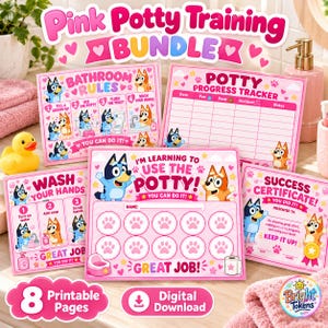 Op de afbeelding: Een roze zindelijkheidstraining-bundel met Bluey-personages op printbare pagina's. Bevat badkamerregels, een voortgangstracker, een handwasinstructie, een leerkaart voor op het potje met pootafdrukken en een succes-certificaat.