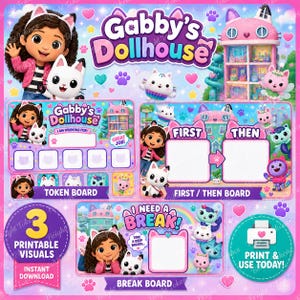 May include: A set of three printable Gabby's Dollhouse visual aids including a token board, a first-then board, and a break board. Each board features colorful character illustrations, paw prints, hearts, and text labels on a purple background.
