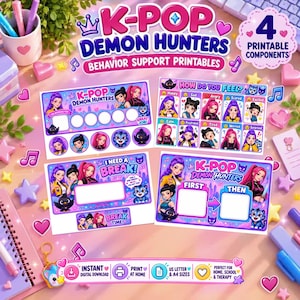 May include: A set of four K-Pop Demon Hunters behavior support printables featuring colorful anime-style characters, reward charts, emotion trackers, and first-then task boards with pink, purple, and blue graphic elements and text.
