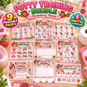 Puede incluir: Un paquete de entrenamiento para ir al baño con temática de fresas que incluye nueve páginas imprimibles con tablas, tarjetas de recompensa y guías de rutina. Las páginas incluyen textos como Potty Training Bundle, My Potty Rewards, Hand Washing Steps, My Potty Routine, I Tried, Bathroom Rules, I Went Potty y Potty Training Tracker.