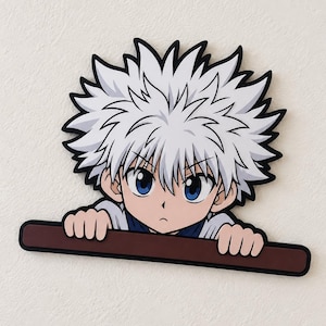 May include: A flat, decorative wall cutout featuring an anime character with spiky white hair, large blue eyes, and a serious expression. The character is depicted peeking over a horizontal brown bar, with both hands visible gripping the edge.