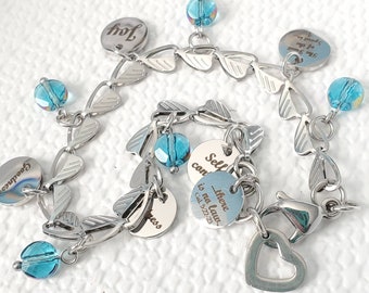 Fruit of the Spirit charm bracelet, turquoise AB beads, Christmas Gift blue crystal 7.5" 5tainless steel silver heart chain #B172