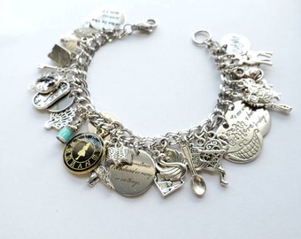 Alice in Wonderland OOAK handmade message charm bracelet Ah that is the great puzzle, Unique Cheshire Cat STAS chain silver rabbit #CUSTOM