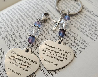 Proverbs 31:26 Scripture Charm, Christian Gift, Stainless Steel Keychain