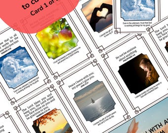 May include: A set of 18 inspirational cards with various images and Bible verses. The cards are arranged on a white background and feature quotes about faith, peace, and love. The text "18 cards to cut out! Card 1 of 3" is visible.