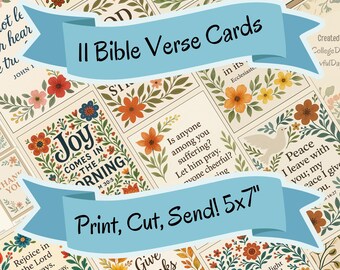 May include: A collection of 11 Bible verse cards with floral borders and inspirational quotes. The cards are 5x7 inches and feature various verses from the Bible. The design includes colorful flowers and decorative elements.