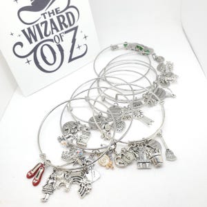 Può includere: Braccialetti con ciondoli argentati con vari ciondoli, tra cui scarpette rosse, una ragazza, un arcobaleno e un castello. Sullo sfondo una carta bianca con la scritta "The Wizard of Oz". I braccialetti sono su una superficie bianca.