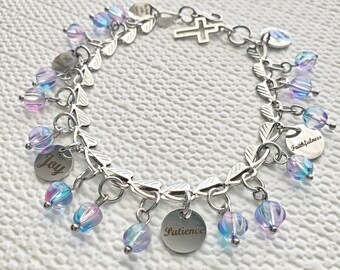 Fruit of the Spirit charm bracelet blue and purple ombre lantern glass beads, Christmas Gift 7.5" Stainless steel silver heart chain #B174