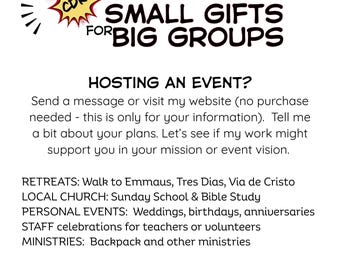 May include: White graphic with the text "COLLEGEDREAMINKID SMALL GIFTS FOR BIG GROUPS." The image also includes text about hosting an event, retreats, local church, personal events, staff celebrations, and ministries.