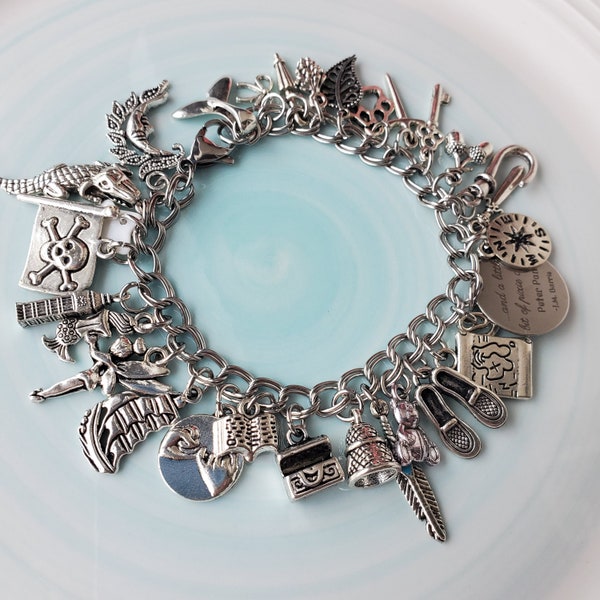 Peter Pan Charm Bracelet, Davy Jones Locker Neverland, Fairy Tale Tink Pirate Barrie Quote Bracelet Gift for Girlfriend Wife Teen Under 30