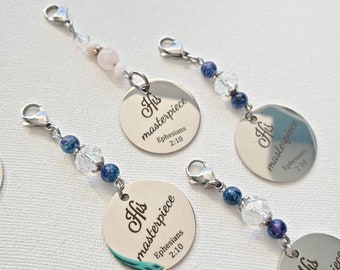 His Masterpiece, Ephesians 2:10, Crystal color choice Suncatcher or zipper charm gift under 10  stocking stuffer unisex