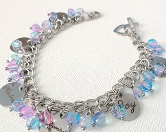 Fruit of the Spirit Bracelet Summer Sky, blue lavender pink beads stainless steel silver bracelet 15mm stainless message #1620