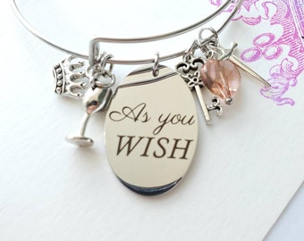 Princess Bride Bangle Bracelets As you WISH Bracelet, Princess Bride fans, adjustable Bangles, crystal heart