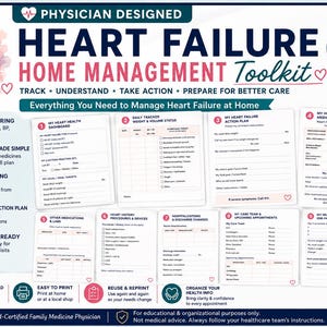 Op de afbeelding: Een 9-pagina tellende, printbare PDF-toolkit voor hartfalenbeheer thuis, voorzien van een rode anatomische hartillustratie. Het document bevat secties voor dagelijkse monitoring, medicatiebeheer, actieplannen en samenvattingen voor medische afspraken.