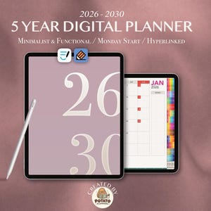 May include: A 5-year digital planner for 2026-2030 displayed on two tablets with a stylus. The screen shows a mauve cover with the numbers 26 and 30, and a monthly calendar page for January 2026 with a grid, goals section, and colourful side tabs.