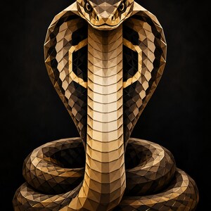 Op de afbeelding: Een geometrisch low-poly cobra-beeldhouwwerk met een gespreide kap en een opgerold lichaam. De slang is uitgevoerd in tinten bruin, beige en zwart, met een gefacetteerde oppervlaktestructuur die een scherpe, hoekige uitstraling geeft.