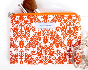 Clutch Bag - Tangerine Orange Damask - Zipper Pouch, Cosmetic Case, Makeup Bag - Supports Girls Education