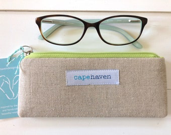 Zippered Glasses Case - Linen with Lime Green interior, Glasses Pouch, Small zippered bag