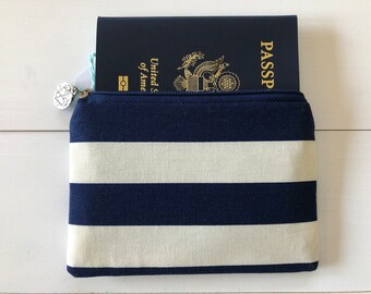 Passport Holder with Navy & Ivory Stripes, Wallet, Makeup Bag, Electronics Holder or Zipper Pouch